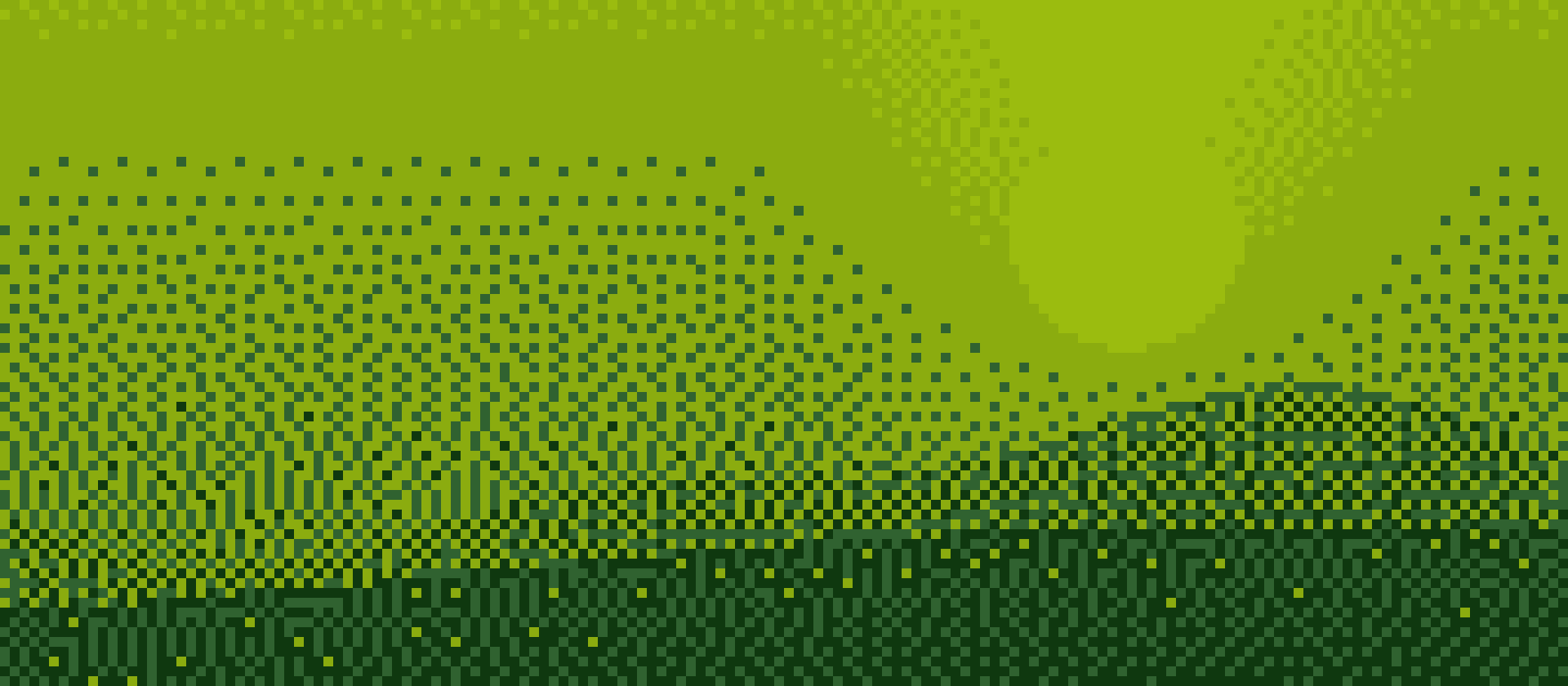 Landscape with a sun in the four greens of the Game Boy palette, rendered with Floyd–Steinberg dithering